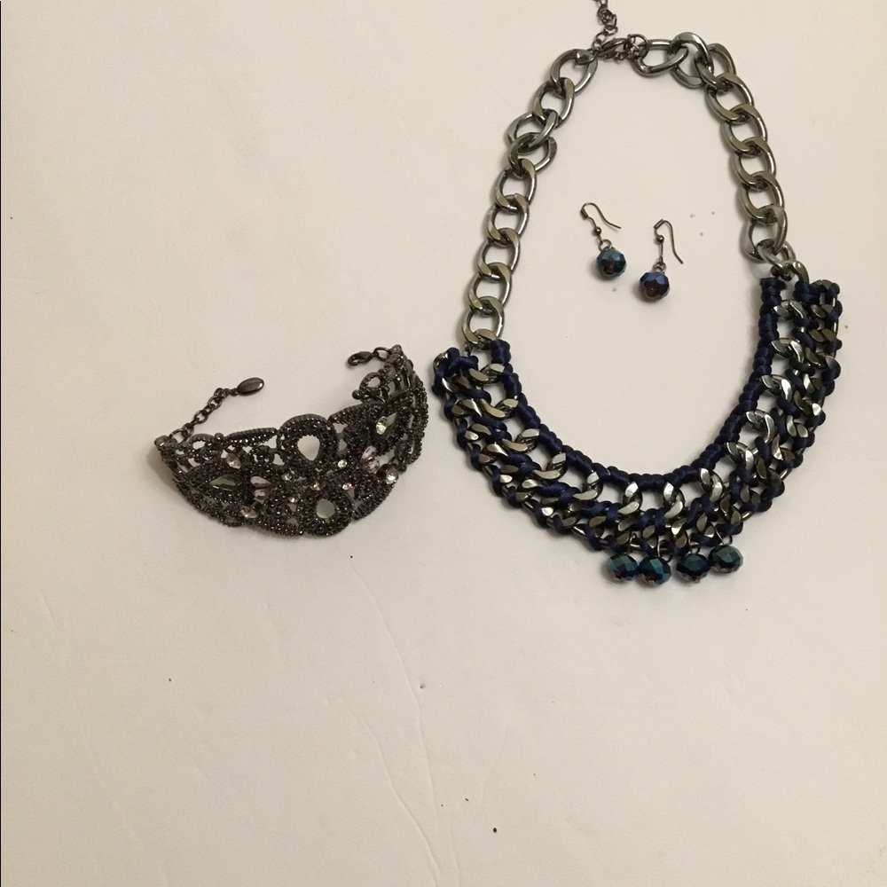 Silver with blue ribbon and dangling balls necklace with earrings & bracelet